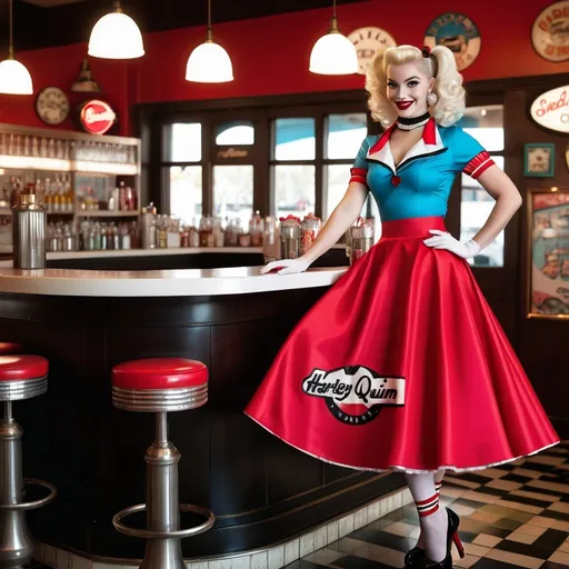 Prompt: 1950's Harley Quinn, poodle skirt, detailed clothing, realistic, natural lighting, 1950's soda shop