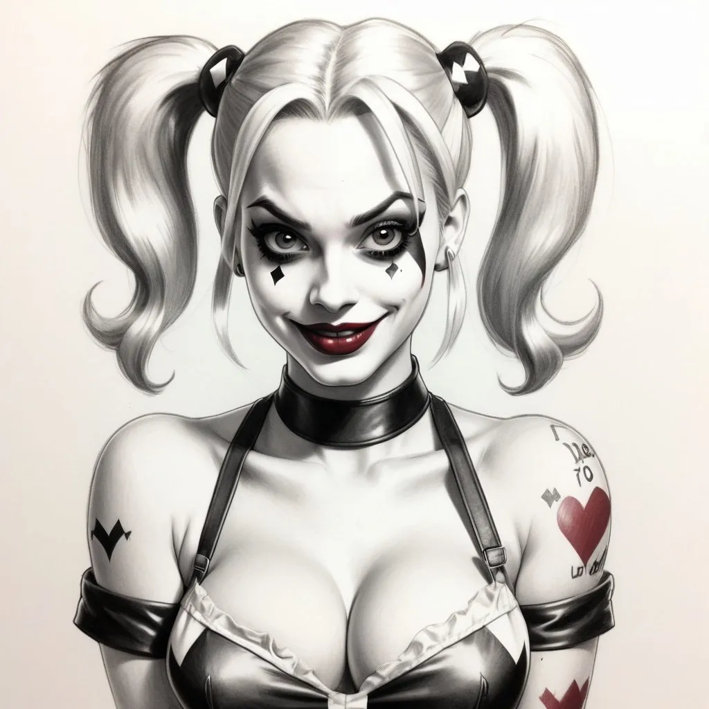 Prompt: pencil sketch of Harley Quinn as a pin up, white background