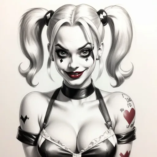 Prompt: pencil sketch of Harley Quinn as a pin up, white background