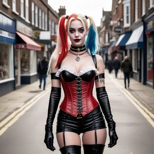 Prompt: Tall young woman, Harley Quinn, walking down the high street, choker necklace, corset, thigh high boots, detailed clothing, realistic, natural lighting