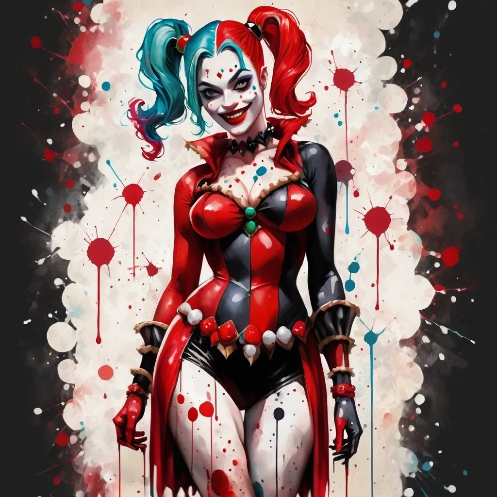 Prompt: digital watercolor painting, full body view, Harley Quinn in jester costume, paint splatter, black and red, bold brush strokes, art nouveau