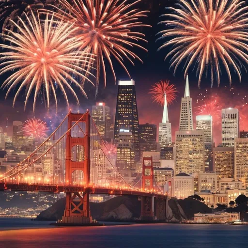 Prompt: a picture of san francisco with american flags and fireworks celebrating july 4th