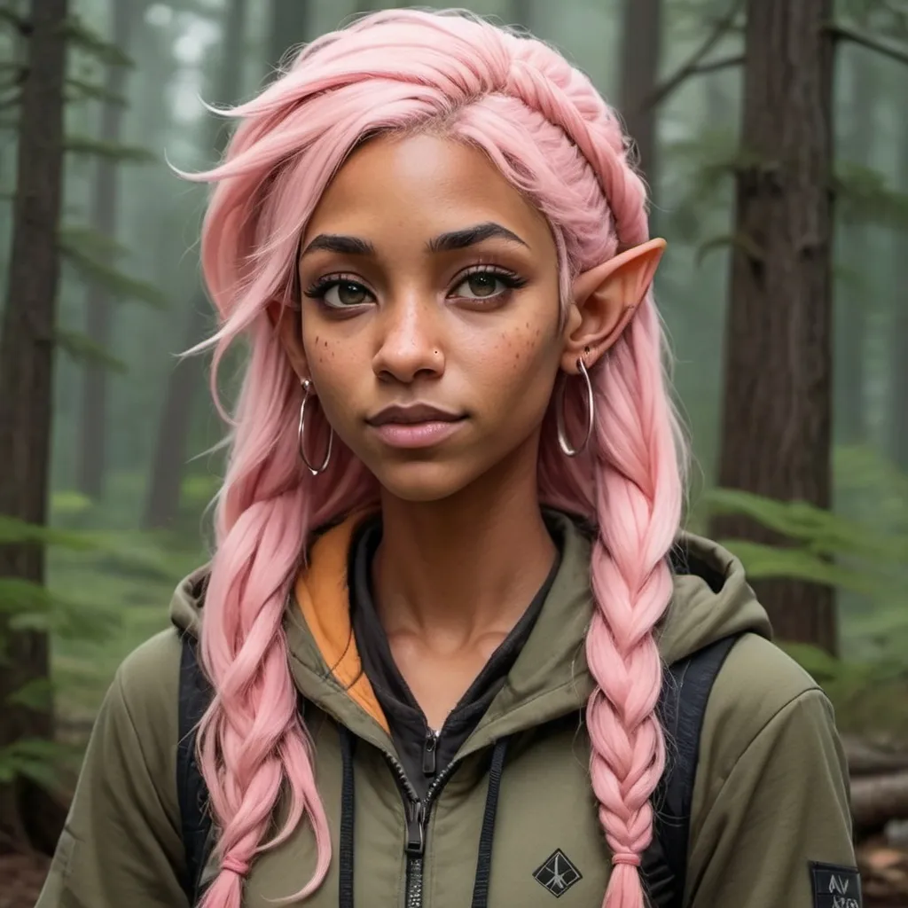 Prompt: an avatar of a medium build women in camping clothing with partly pointed ears and elf features wearing a slim fitting tactical outfit with a hoodie, hood on head, long pink and brown wavy hair with bangs, medium to dark skin color, face piercings, freckles, chin piercing,