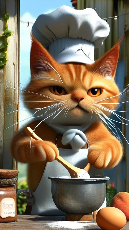 Prompt: Please generate highly detailed image prompts for creating a series of illustrations featuring an anthropomorphic orange tabby cat acting as a chef in an outdoor rustic kitchen. The cat is an orange tabby with distinct striped markings and a fluffy tail, about the size of a medium dog. The cat, now wearing a white chef’s hat, is standing upright at the same rustic wooden table. It is whisking a mixture of eggs, flour, and milk in a metallic mixing bowl. Its right paw grips the whisk, while its left paw steadies the bowl. Splashes of batter are visible on the table. Surround the table with an open sack of flour, a basket of eggs, and a jar of milk. The background should include lush gardens and wooden cottages bathed in warm sunlight.Stage 