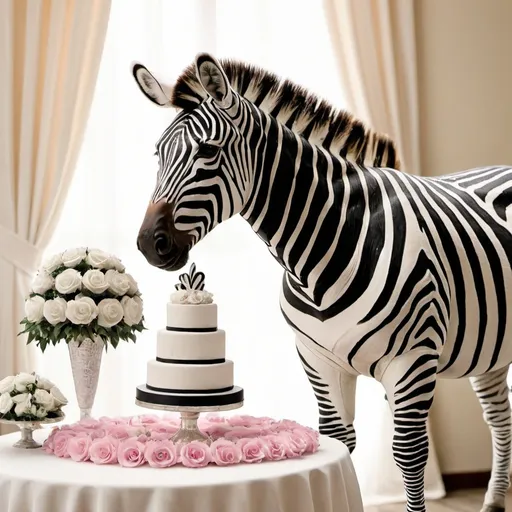 Prompt: A zebra doing wedding decorations.