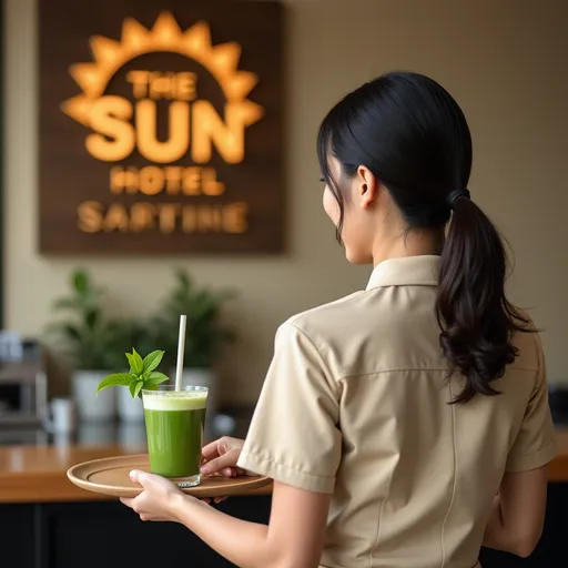 Prompt: Create a picture with a waiter bringing a green drink cup decorated with a leaf. The view is from the back of the waitress. the waitress wears an uniform in beige, short sleeves, Asian girl. The blur back ground has a board sign The Sun Hotel
