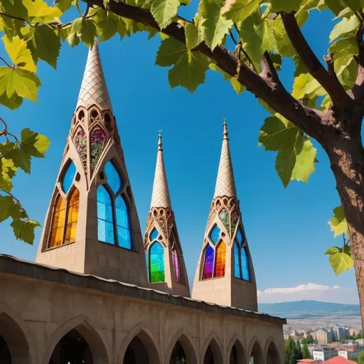 Prompt: Psychedelic minarets in tbilisi with stained glass windows and vineyards