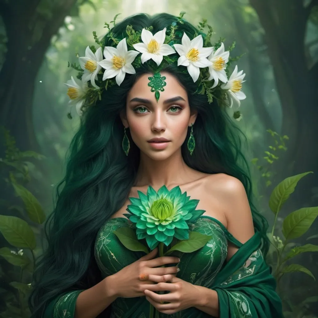 Prompt: Sêhrîsh Sīråj Gaia mother nature ,

Perfectly flawless woman with A face that emits holy grace,

Perfect skin tone,

Long emerald think hair visually stunning,

Wearing a living symbiotic dress life growing new species of flowers,

She is holding a new species of a flower made of pure love,