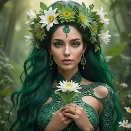 Prompt: Sêhrîsh Sīråj Gaia mother nature ,

Perfectly flawless woman with A face that emits holy grace,

Perfect skin tone,

Long emerald think hair visually stunning,

Wearing a living symbiotic dress life growing new species of flowers,

She is holding a new species of a flower made of pure love,