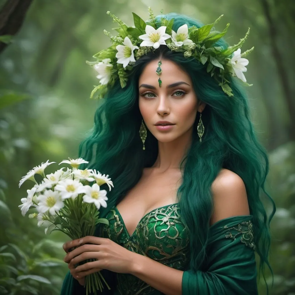 Prompt: Sêhrîsh Sīråj Gaia mother nature ,

Perfectly flawless woman with A face that emits holy grace,

Perfect skin tone,

Long emerald think hair visually stunning,

Wearing a living symbiotic dress life growing new species of flowers,

She is holding a new species of a flower made of pure love,