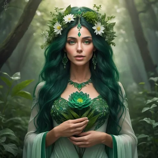Prompt: Sêhrîsh Sīråj Gaia mother nature ,

Perfectly flawless woman with A face that emits holy grace,

Perfect skin tone,

Long emerald think hair visually stunning,

Wearing a living symbiotic dress life growing new species of flowers,

She is holding a new species of a flower made of pure love,