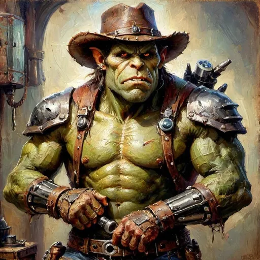 Prompt: (hyper-realistic orc character), wearing a stylish cowboy hat, featuring an intricate robot mechanical arm, large tusks, scrap metal armor, rich and vibrant fantasy character art, scrap metal, steampunk cowboy, detailed illustration, finely crafted textures, ultra-detailed, showcasing striking facial features and a captivating expression, set in an old western backdrop.