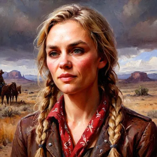 Prompt: (hyper-realistic middle aged female character) long blond hair worn in a braid, kind grey eyes, friendly expression, wearing a dust brown western jacket, red bandana worn around neck, exhibiting a mature appearance with rough, blemished aging skin, set in an old western landscape, evoking the spirit of a rugged cowboy gunslinger, intense and gritty ambiance, dynamic lighting, posed with a pistol in hand,