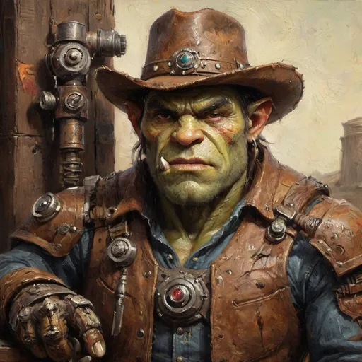 Prompt: (hyper-realistic orc character), wearing a stylish cowboy hat, featuring an intricate robot mechanical arm, smart and kind face, scrap metal armor, rich and vibrant fantasy character art, scrap metal, steampunk cowboy, detailed illustration, finely crafted textures, ultra-detailed, showcasing striking facial features and a captivating expression, set in an old western backdrop.