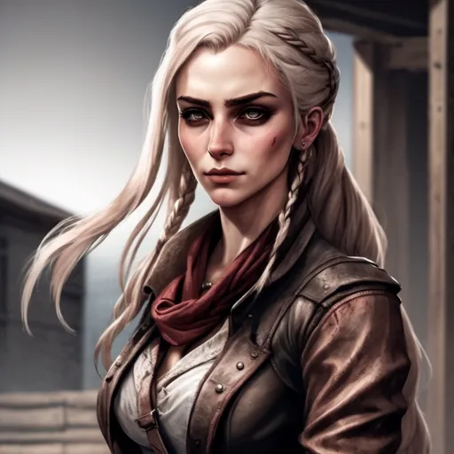 Prompt: (hyper-realistic female character), rose golden hair, hair worn in a braid, grey eyes, dark make-up, wearing a brown western riding jacket, red bandana around neck, mature appearance, middle aged, aging skin, gritty dusty background, dramatic lighting, cinematic ambiance, fantasy character,