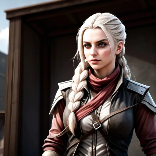 Prompt: (hyper-realistic female character), rose golden hair in a braid, piercing grey eyes, deep dark make-up, brown western riding jacket, red bandana around neck, mature with aged skin, gritty dusty background, (cinematic ambiance), full body in gunslinger pose, dual pistols drawn, dramatic lighting casting shadows, ultra-detailed, hyper-realistic textures, evokes a sense of adventure and resilience.