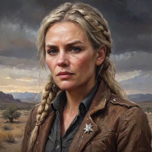 Prompt: (hyper-realistic middle aged female character) long blond hair worn in a braid, striking grey eyes, dark dramatic make-up, wearing a dust brown western jacket, exhibiting a mature appearance with rough, blemished aging skin, set in an old western landscape, evoking the spirit of a rugged cowboy gunslinger, intense and gritty ambiance, dynamic lighting