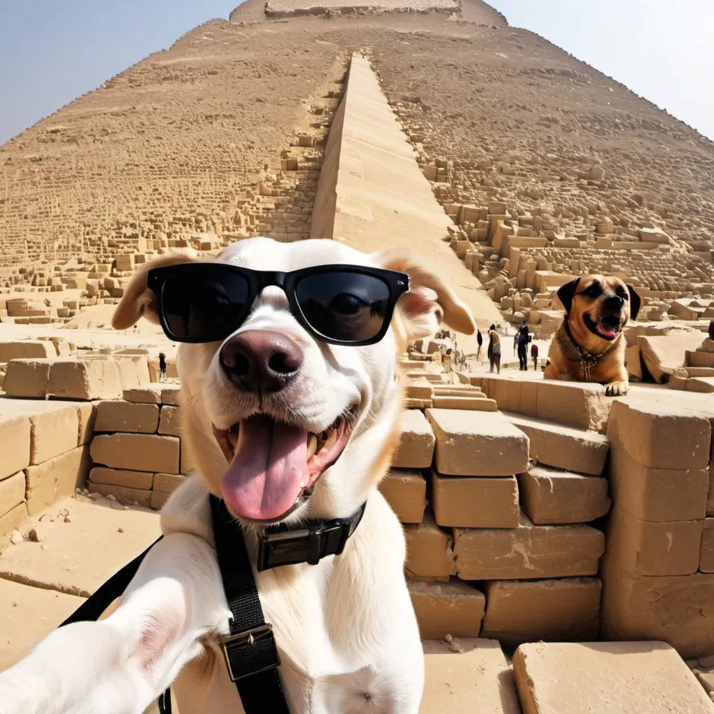 Prompt: Dog taking a selfie on the great pyramid of Giza