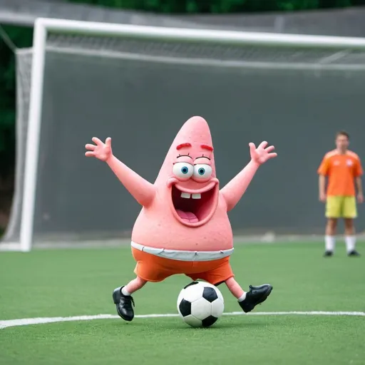 Prompt: Patrick Star from SpongeBob SquarePants play soccer