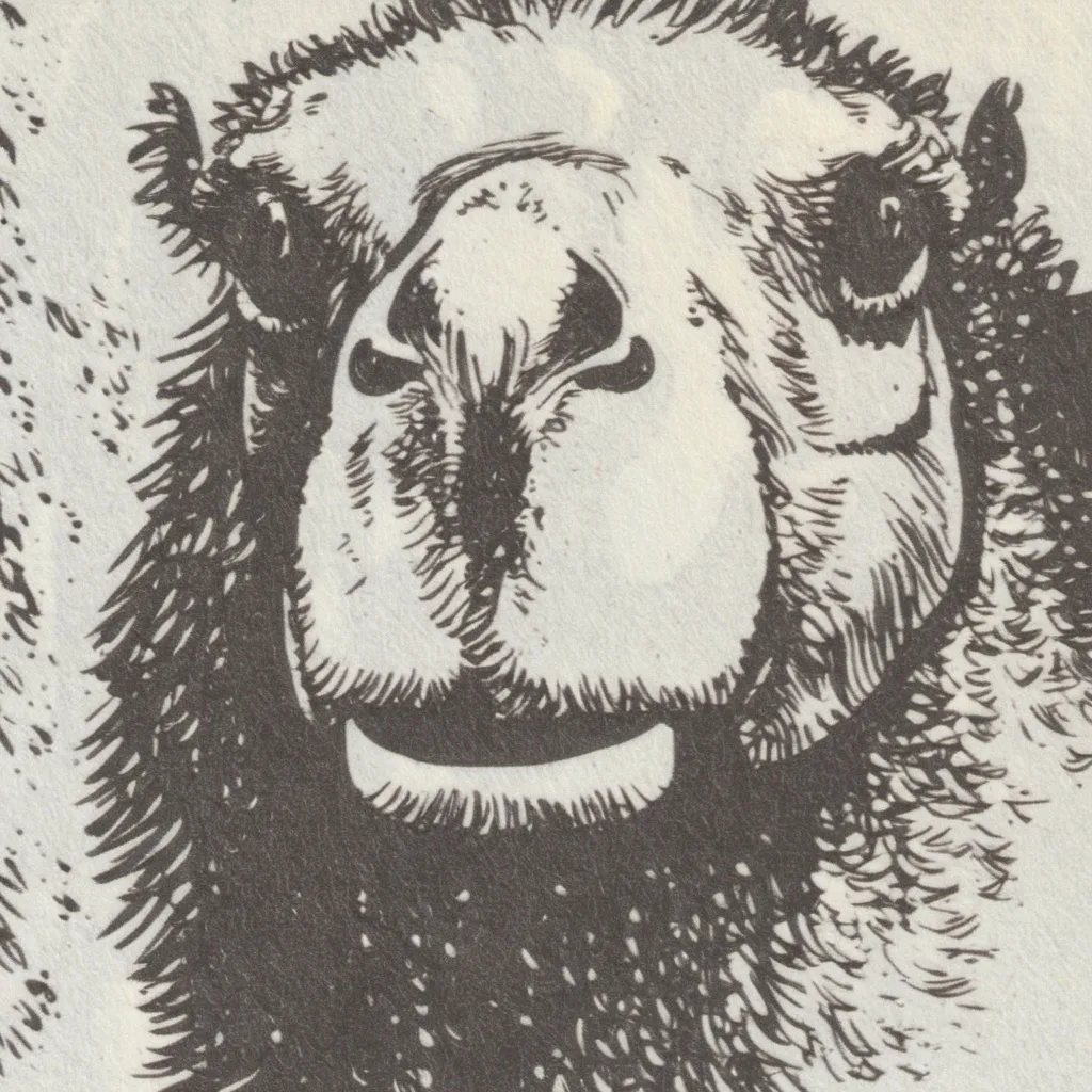 Prompt: Pen and ink drawing of a camel’s face