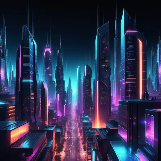 Prompt: futuristic cityscape at night, (dynamic skyline), glowing lights resembling stars above, vibrant neon colors illuminating the streets, (dramatic contrast) between shadows and lights, bustling atmosphere, (highly detailed) buildings with sleek architecture, (ultra-detailed) reflections in glass surfaces, cosmic ambiance, perfect for a sci-fi illustration, (4K quality) to capture the captivating beauty.