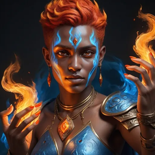 Prompt: hyper-realistic genasi character with fire hands, fantasy character art, illustration, dnd, warm tone. Gold eyes with blue fire flecks. Androgynous humanoid, beautiful. Red and orange skin that looks like fire.