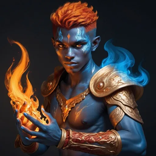 Prompt: hyper-realistic male genasi character with fire hands, fantasy character art, illustration, dnd, warm tone. Gold eyes with blue fire flecks. Androgynous humanoid, beautiful. Red and orange skin that looks like fire.