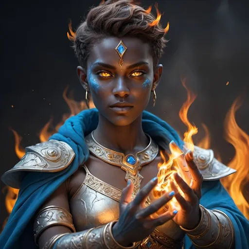 Prompt: hyper-realistic genasi character with fire hands, fantasy character art, illustration, dnd, warm tone. Gold eyes with blue fire flecks. Androgynous humanoid, beautiful 