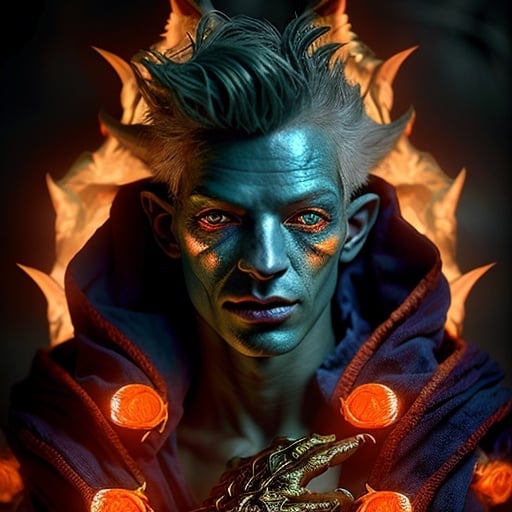 Prompt: hyper-realistic male genasi character with fire hands, fantasy character art, illustration, dnd, warm tone. Gold eyes with blue fire flecks. Androgynous humanoid, beautiful . Red and orange skin that seems to glow like fire. Wearing sorcerer robes of green and blue to accent his colors 