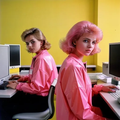 Prompt: 1980s office workers wearing neon pink and yellow windbreakers, computers