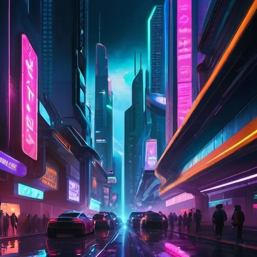 Prompt: (futuristic cityscape), vibrant neon lights, sprawling skyline, sleek skyscrapers, (futuristic technology), dynamic urban atmosphere, bustling streets, ambient glow, nighttime scene, (highly detailed), (4K), cyberpunk influences, imaginative architecture, layered clouds, (cinematic mood), glowing advertisements, reflecting surfaces, enchanting contrasts between light and shadow.