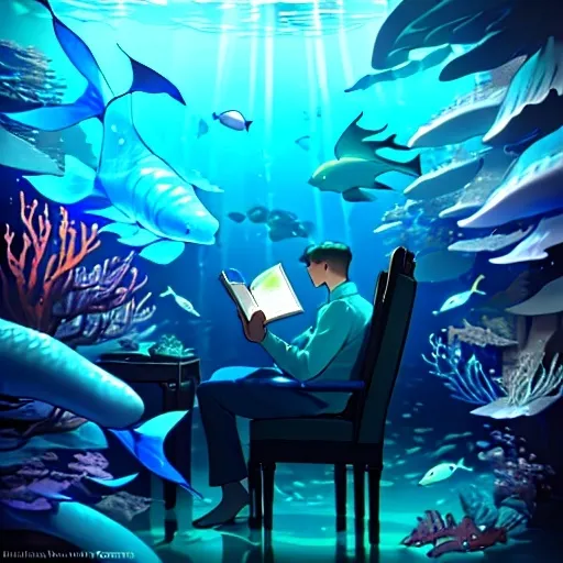 Prompt: (man sitting in front of large aquarium), (immersive underwater scene), (massive sea creatures swimming gracefully around the man), tranquil atmosphere, (him reading a book), vivid turquoise and cerulean hues, soft yet dramatic lighting highlighting water reflections, intricate details of the fishes scales, enchanting bubbles rising, peaceful demeanor, (ultra-detailed), beautifully crafted environment, dreamlike ambiance, (4K).