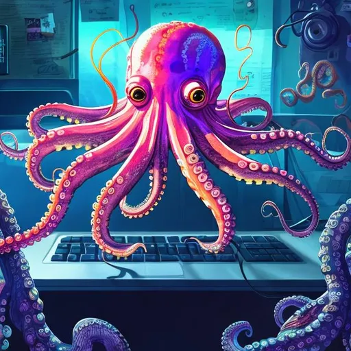 Prompt: Octopus multitasking while coding at a desk, wearing headphones, drinking an energy drink, eating a snack, petting a dog, playing piano, lifting a dumbbell, digital illustration, vibrant colors, detailed tentacles, professional, highres, detailed coding environment, multi-tasking octopus, modern setting, futuristic technology, energetic lighting