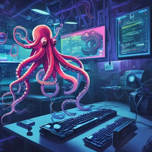 Prompt: Octopus coding at desk, wearing headphones, energy drink, snack, petting dog, playing piano, lifting dumbbell, digital illustration, vibrant colors, detailed tentacles, professional, highres, detailed coding environment, multi-tasking octopus, modern setting, futuristic technology, energetic lighting