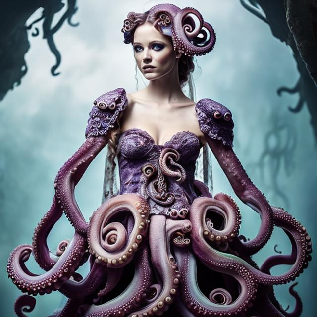 Prompt: woman wearing a fantasy wedding dress inspired by octopuses