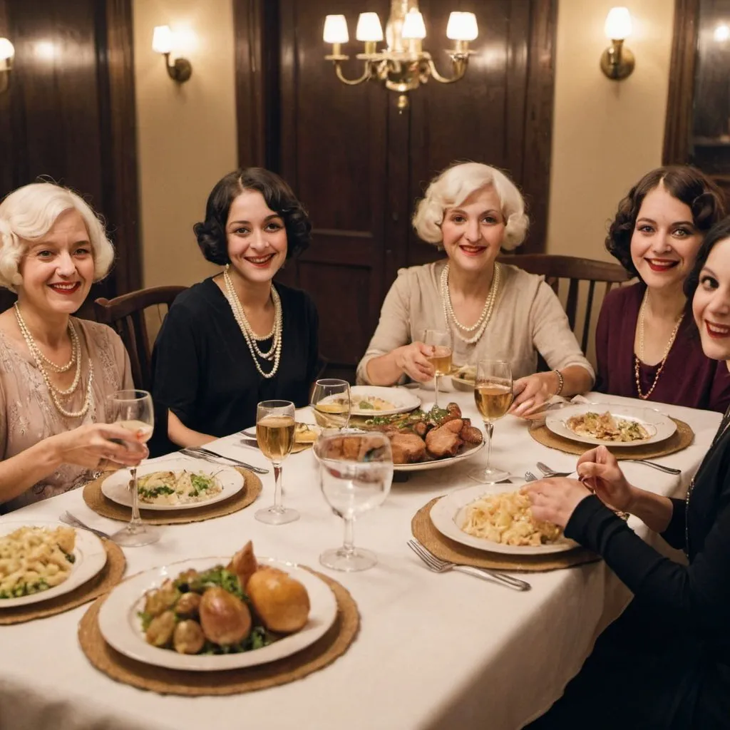 Prompt: 5 women from different generation (in their 20s, 30s, 40s, 60s, and 70s) enjoying dinner in 1920s. 