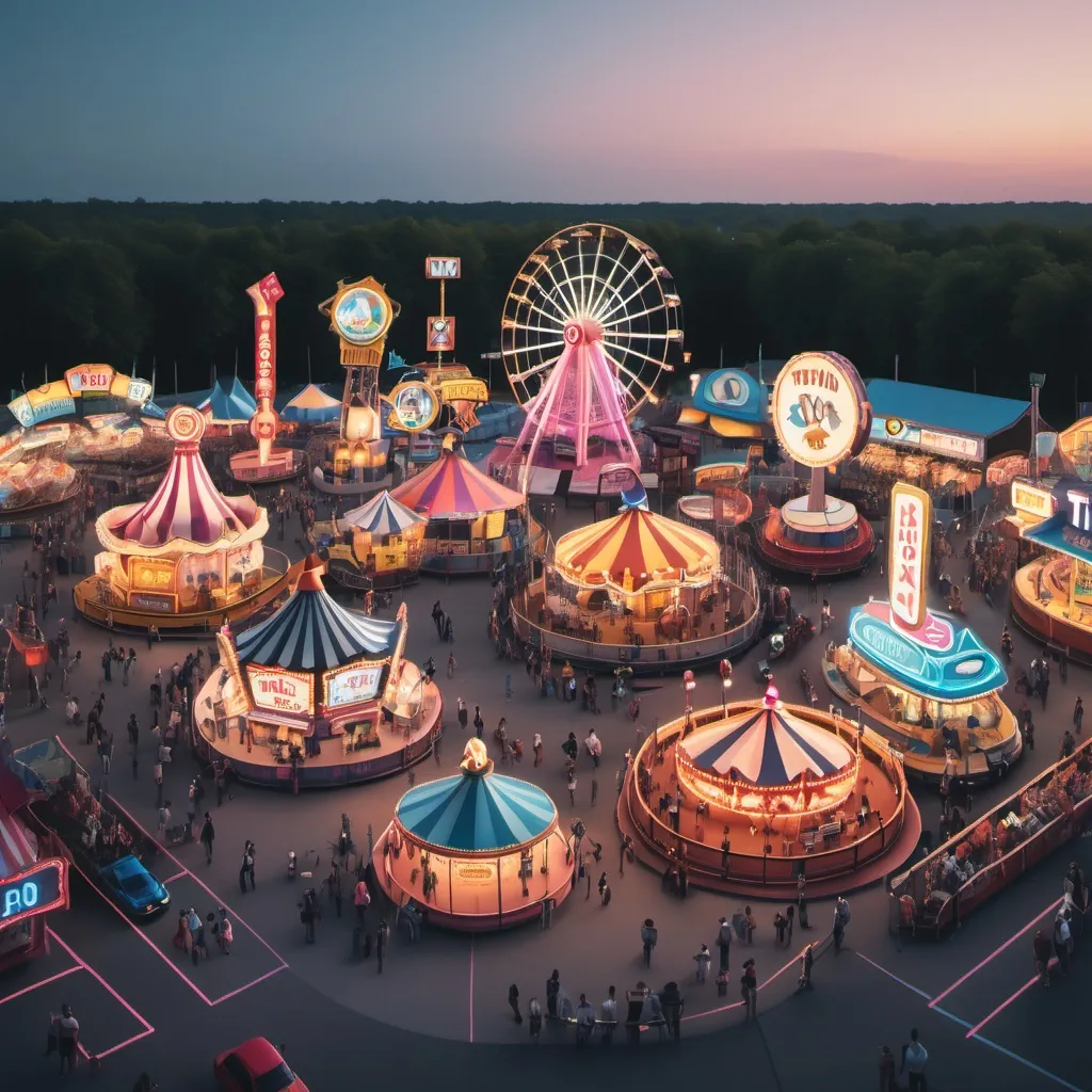 Prompt: A overview image of a fair where the rides each have separate and visible signs. The rides are 7, are all different and are called: TikTok, X, Facebook, Discord, Snapchat, Signal,  