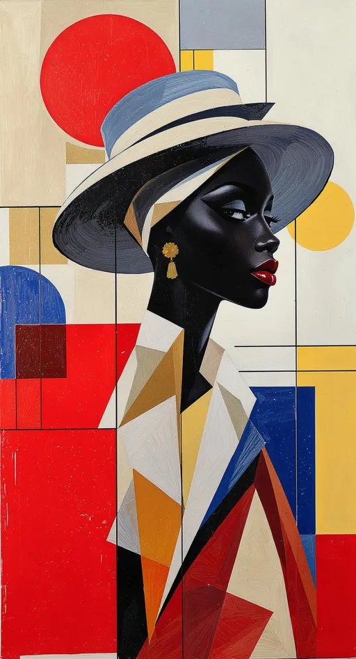 Prompt: Generate a visually arresting abstract portrait centered on a stylized African American woman inspired by 1930s Parisian fashion. Construct the scene using a complex interplay of fluid geometric contours and interlocking motifs to evoke spatial tension and layered dimensionality. Integrate soft, atmospheric gradients with crisp angular structures, capturing a sense of motion and dreamlike abstraction. The central figure should subtly emerge from within the composition—her presence defined by rich skin tones, natural features, and a distinctive early-century hat paired with elegant, tailored clothing. Employ a grid-based layout defined by bold black lines that segment the canvas into a precise matrix of rectangles and squares. Selectively infuse these compartments with bold primary colors (red, blue, and yellow), while others remain stark white. Maintain a calculated equilibrium between chromatic fields and negative space, emphasizing visual rhythm, purity, and compositional harmony.

