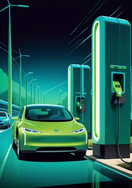 Prompt: (1970s retro-futuristic illustration), electric vehicle charging background, (vibrant blues and greens), atmospheric lighting, clean and minimal design, (detailed textures), sharp lines, blending modern technology with nostalgic style, professional report cover, captivating and dynamic visuals, ultra-detailed, high quality, eye-catching appeal.