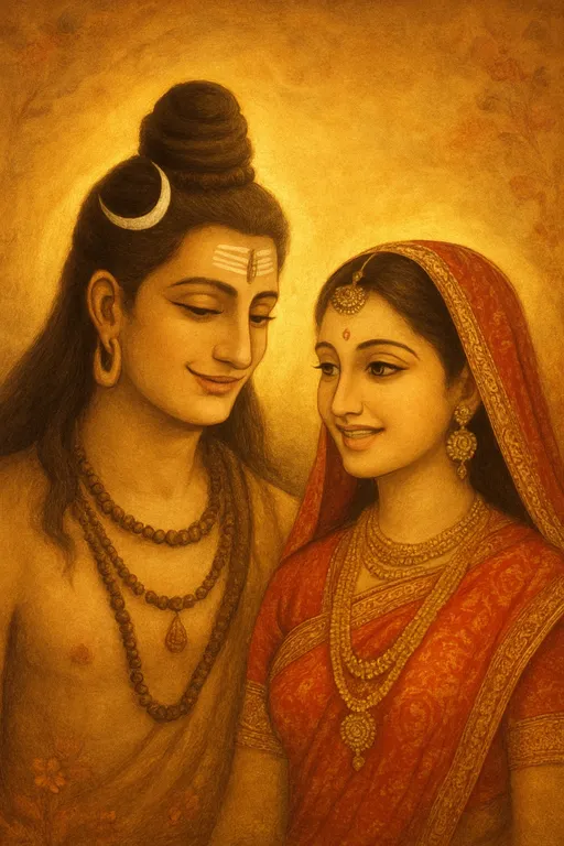 Prompt: Transform this artwork of Lord Shiva and Mata Parvati into a divine, traditional Indian-style painting similar to the second image. Make both Lord Shiva and Mata Parvati smile gently, radiating warmth, peace, and divine love. Add a soft golden aura around them to symbolize holiness. Enhance the background with divine light and subtle floral decorations. Keep Lord Shiva’s crescent moon, rudraksha ornaments, and ash tilak visible, and Mata Parvati adorned in traditional red attire with gold jewelry. Use warm, glowing tones and painterly details like the second image, giving it a serene, devotional, and family-like atmosphere.