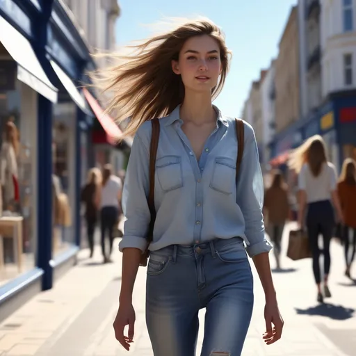 Prompt: (tall young woman walking down the high street), (detailed clothing), (realistic), natural lighting, vibrant urban scene, bustling atmosphere, clear blue sky, contemporary fashion style, observable reflections in shop windows, high-quality image, (4K), energetic and lively, street lined with retailers and cafes, casual yet stylish outfit, slight breeze capturing movement in hair.