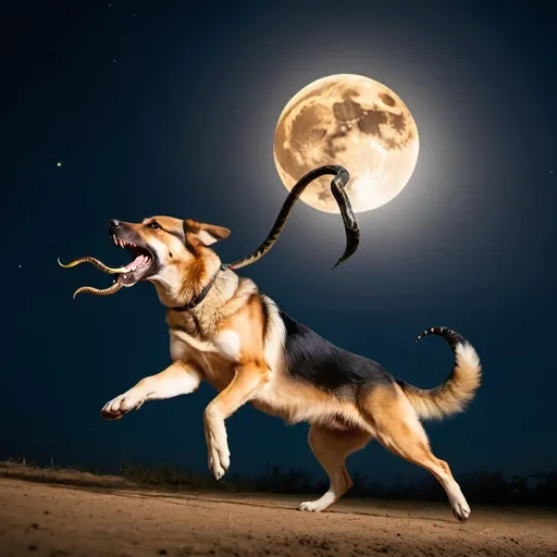 Prompt: Dog race Shepherd Dog is fighting with cobra snake in night. Big moon in the sky. 