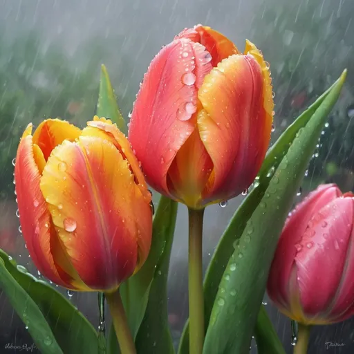 Prompt: Three vibrant tulips in the rain, water droplets on petals, fresh and natural, impressionist painting, rainy day, vibrant colors, soft and gentle, high quality, impressionist, fresh colors, rainy setting, natural beauty, gentle rain, floral art, lively atmosphere