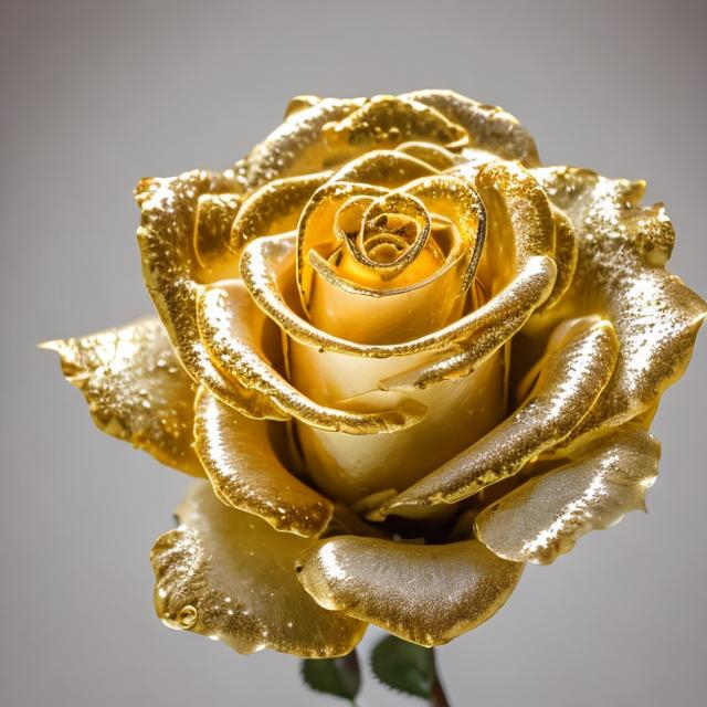 Prompt: Shiny gold rose flower in a white background