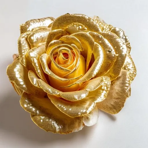 Prompt: Shiny gold rose flower in a white background