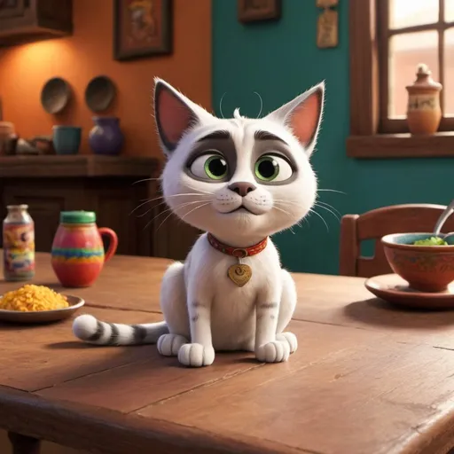 Prompt: a Pixar Mexican cat that is on a table 