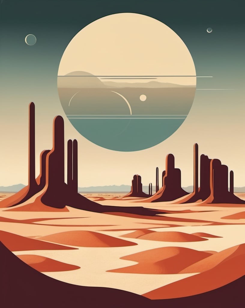 Prompt: Mid century minimalist style graphic art piece depicting a dystopian landscape set on a desert planet