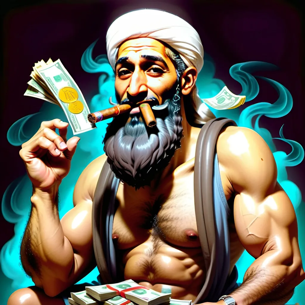 Prompt: Cartoon-style illustration of Osama Bin Laden, with a stack of money and a cigar, detailed facial features, professional cartoon art, stack of cash, cigar smoke, detailed illustration, cartoon style, high quality, professional lighting