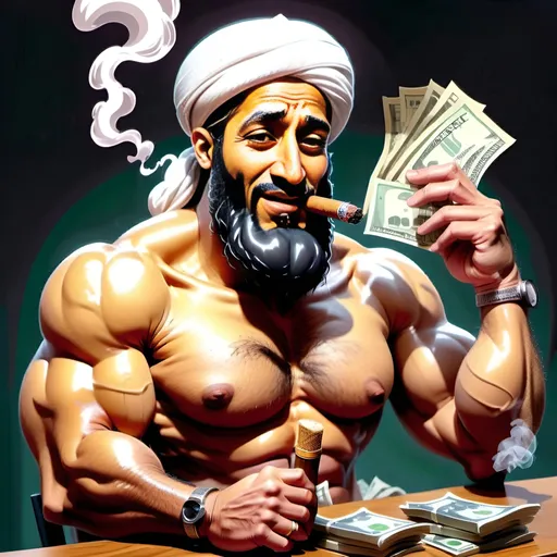 Prompt: Cartoon-style illustration of Osama Bin Laden at a podcast set, with a stack of money and a cigar, detailed facial features, professional cartoon art, podcast microphone, stack of cash, cigar smoke, detailed illustration, cartoon style, high quality, professional lighting