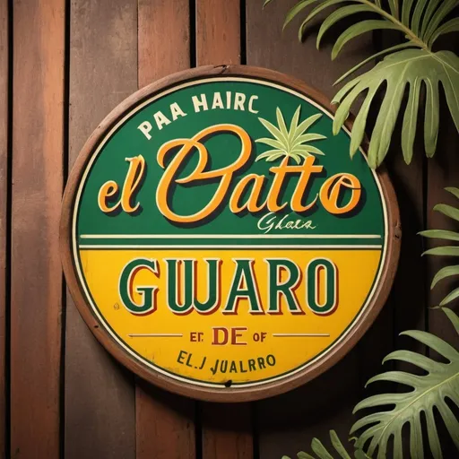 Prompt: Tropical Cuban logo for 'El Patio de Guajiro', vibrant colors, palm fronds, vintage Cuban aesthetic, rustic wooden sign, hand-painted, detailed lettering, retro typography, artistic style, vintage, tropical, Cuban, detailed palm fronds, vibrant color palette of sage green, artichoke green, gold, ivory, and lemon yellow, rustic, hand-painted, retro typography, vintage aesthetic, warm lighting